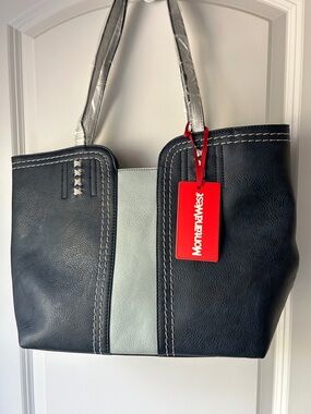 Navy and Light Blue Two-Tone Faux Leather Tote w/Silver Handles